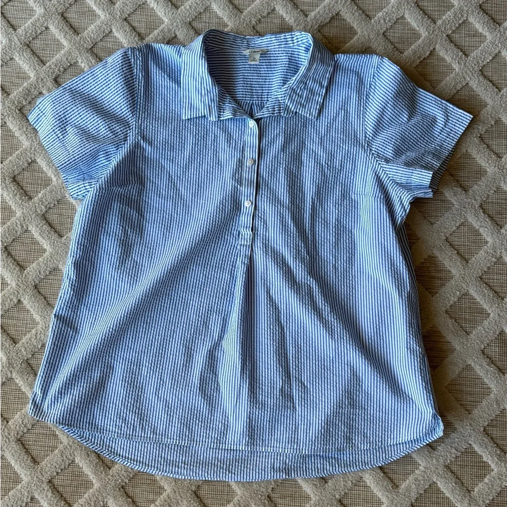 LL Bean Navy Blue Striped Collared Pop Over Shirt Size XL Classic Casual